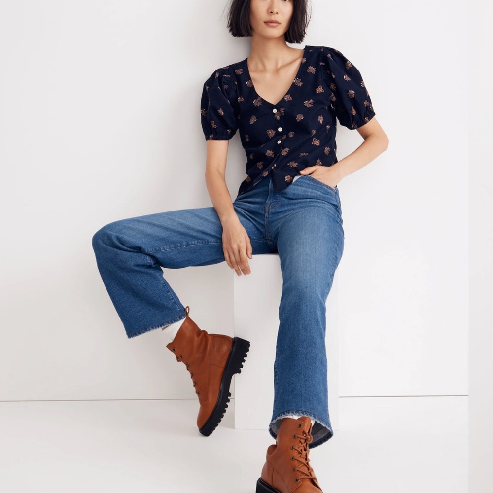 Madewell Shirt Women's Medium Corduroy‎ Bubble Sleeve Crop Shirt Navy Blockprint
